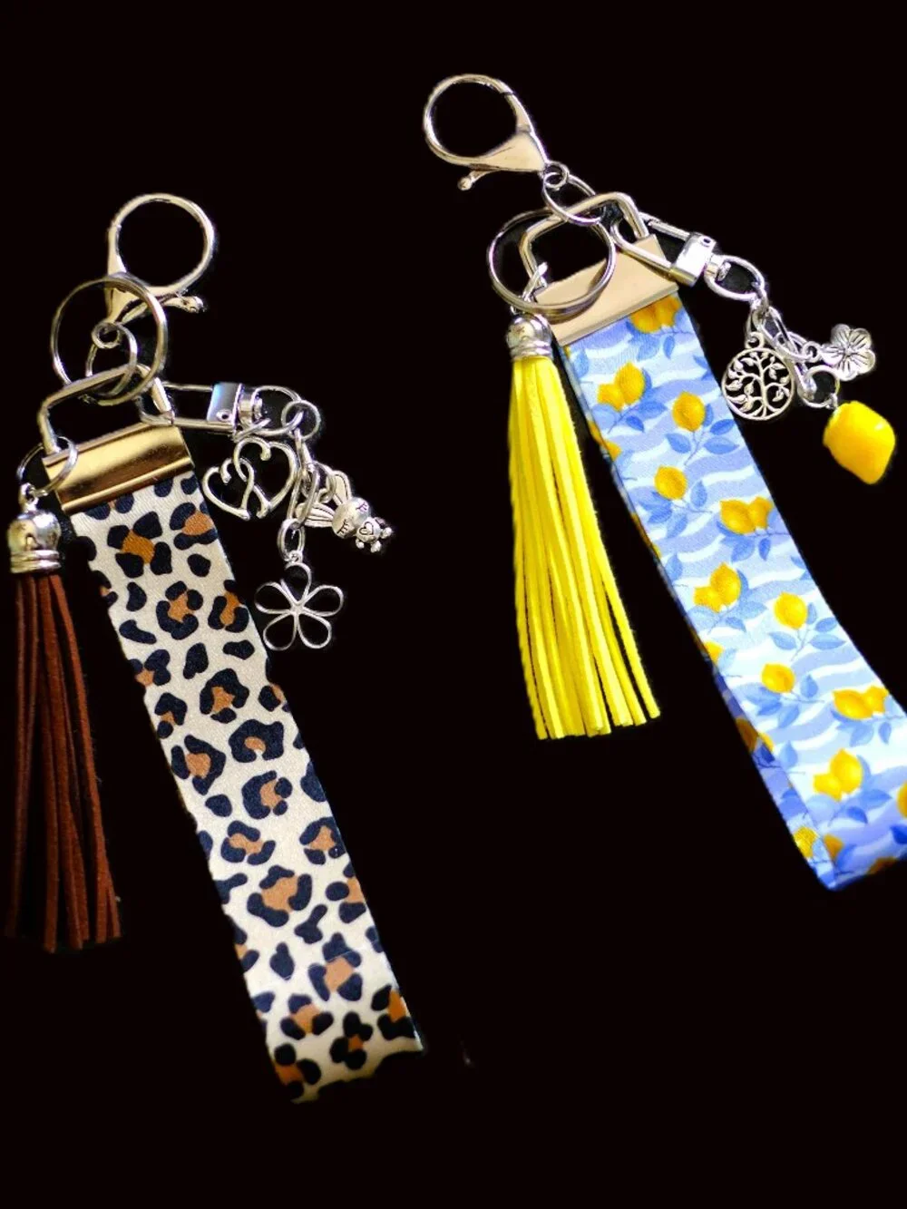 Handmade Lanyard Wristlet Keychain, charms, bag, key, gift, lemon, blue, animal,